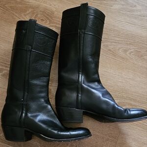 Lucchese Black Leather Mid-Calf Cowboy Boots